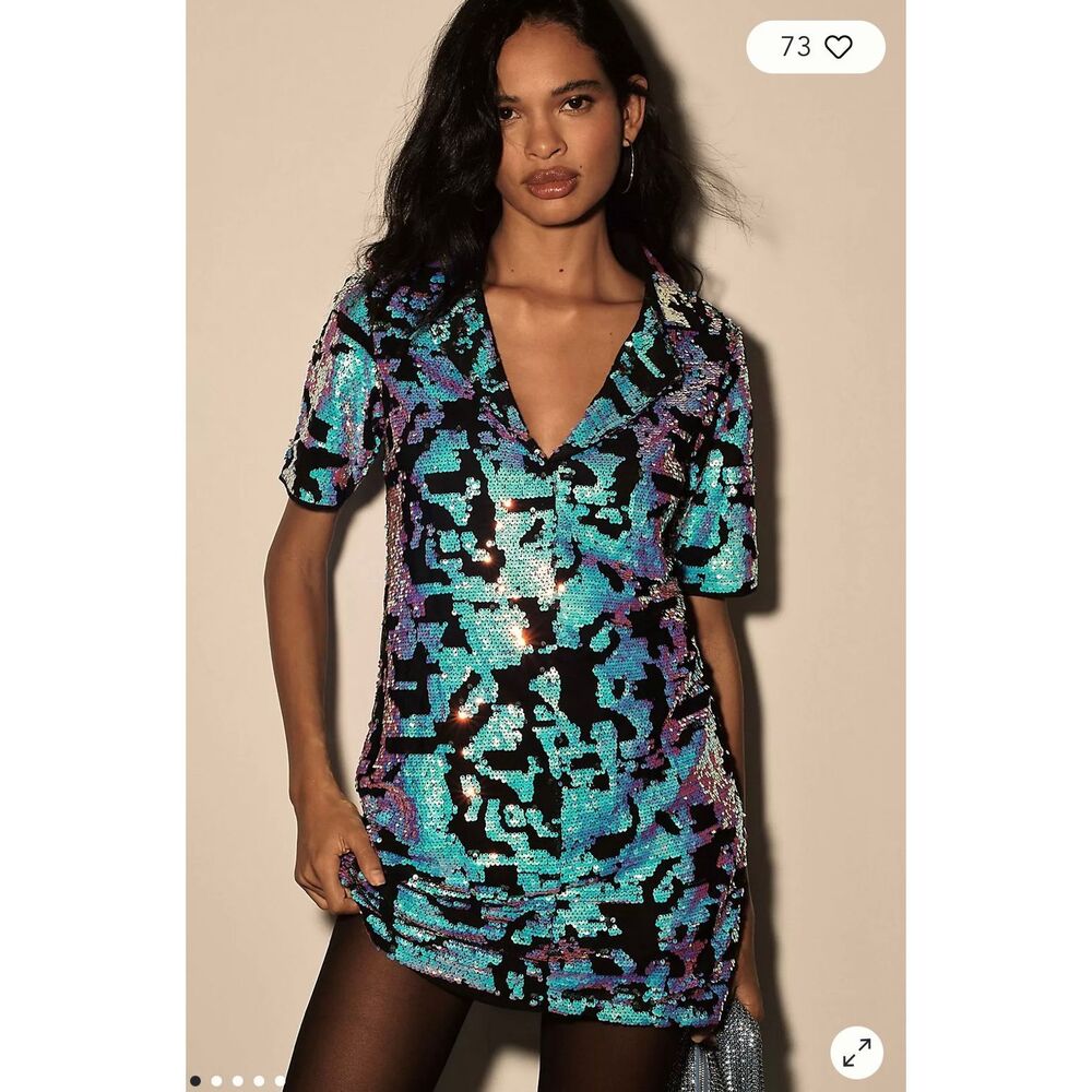 Anthropologie Sz M Bhanui by Jyoti Sequin Mini Dress Iridescent Blue Black Party - Picture 2 of 11